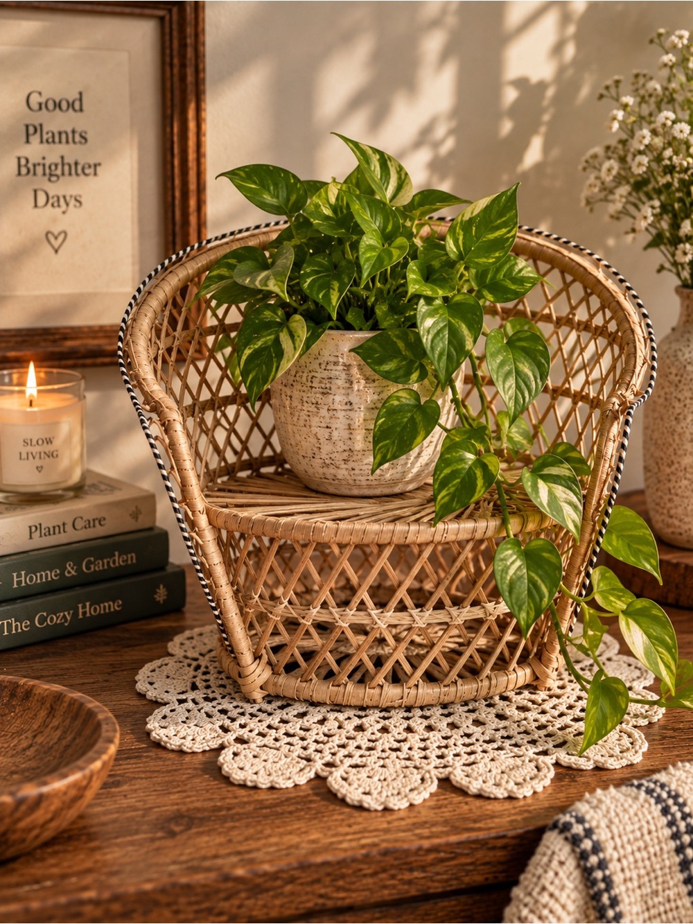 Vintage Natural Rattan Wicker Plant Stand
